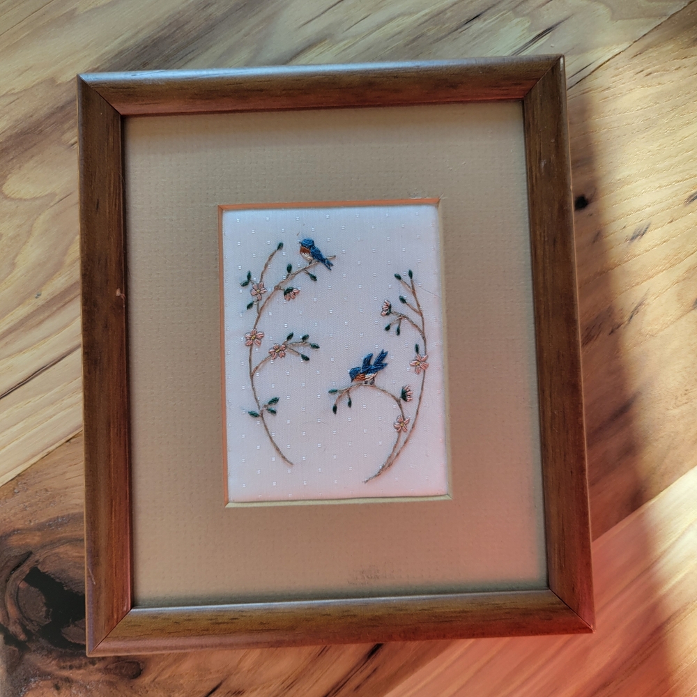 Hand Embroidered Vintage Blue Bird Wall Art - Set of 2 - Picture 2 of 11